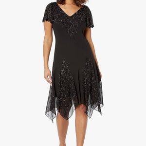 J Kara black cocktail midi dress short sleeve beaded hanky hem whimsigoth gatsby